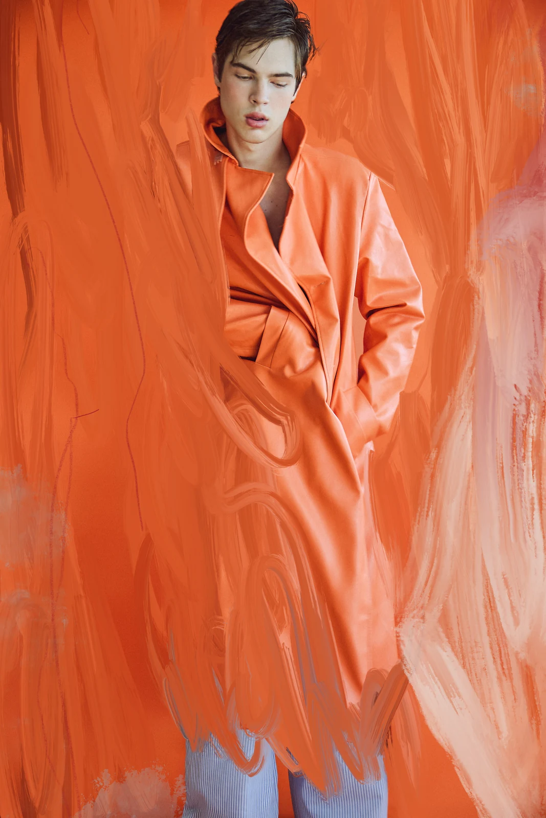 Orange monochrome fashion portrait for MMScene August 2026 — styling by Manel Guisado