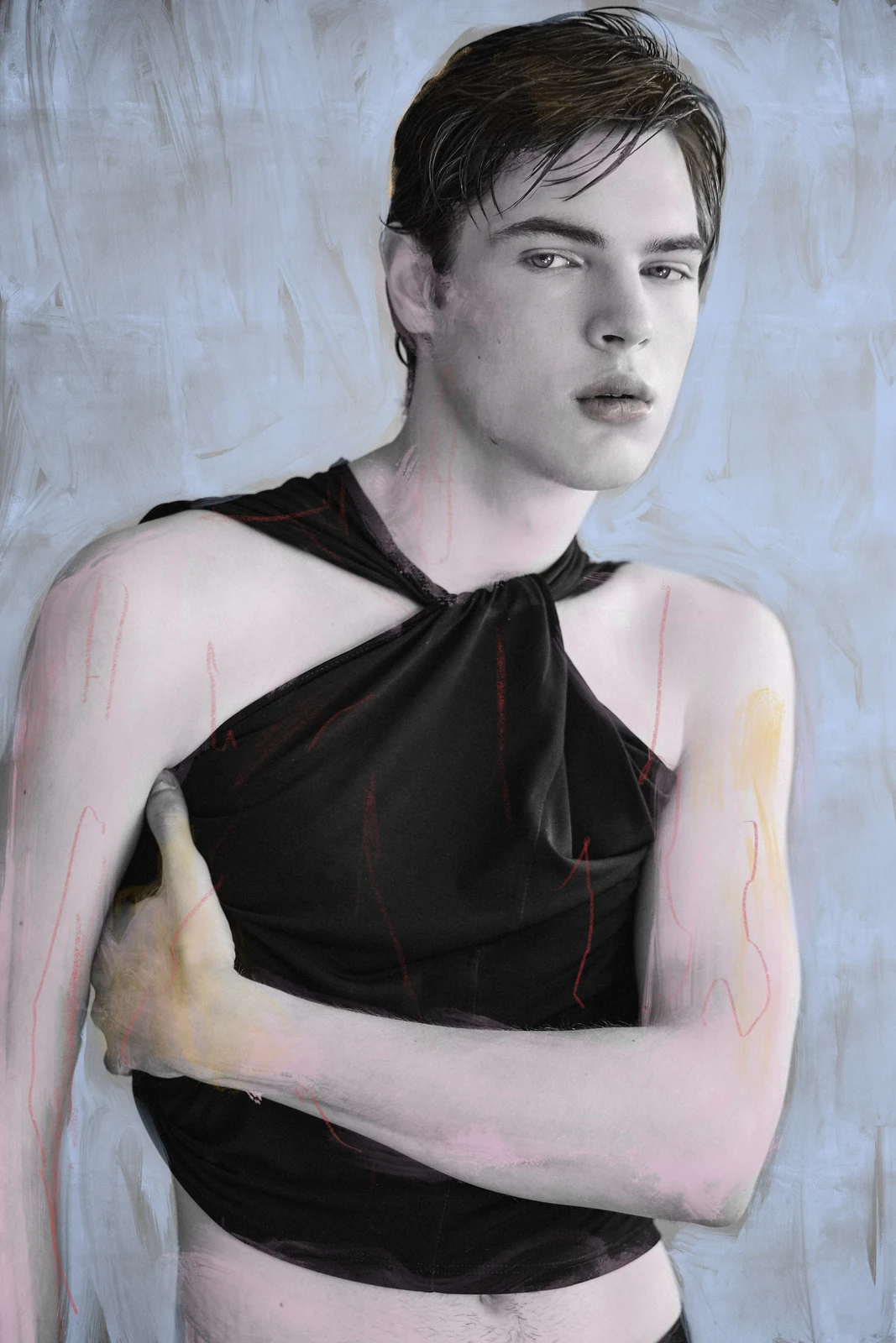 Painted monochrome portrait for MMScene August 2026 — styling by Manel Guisado