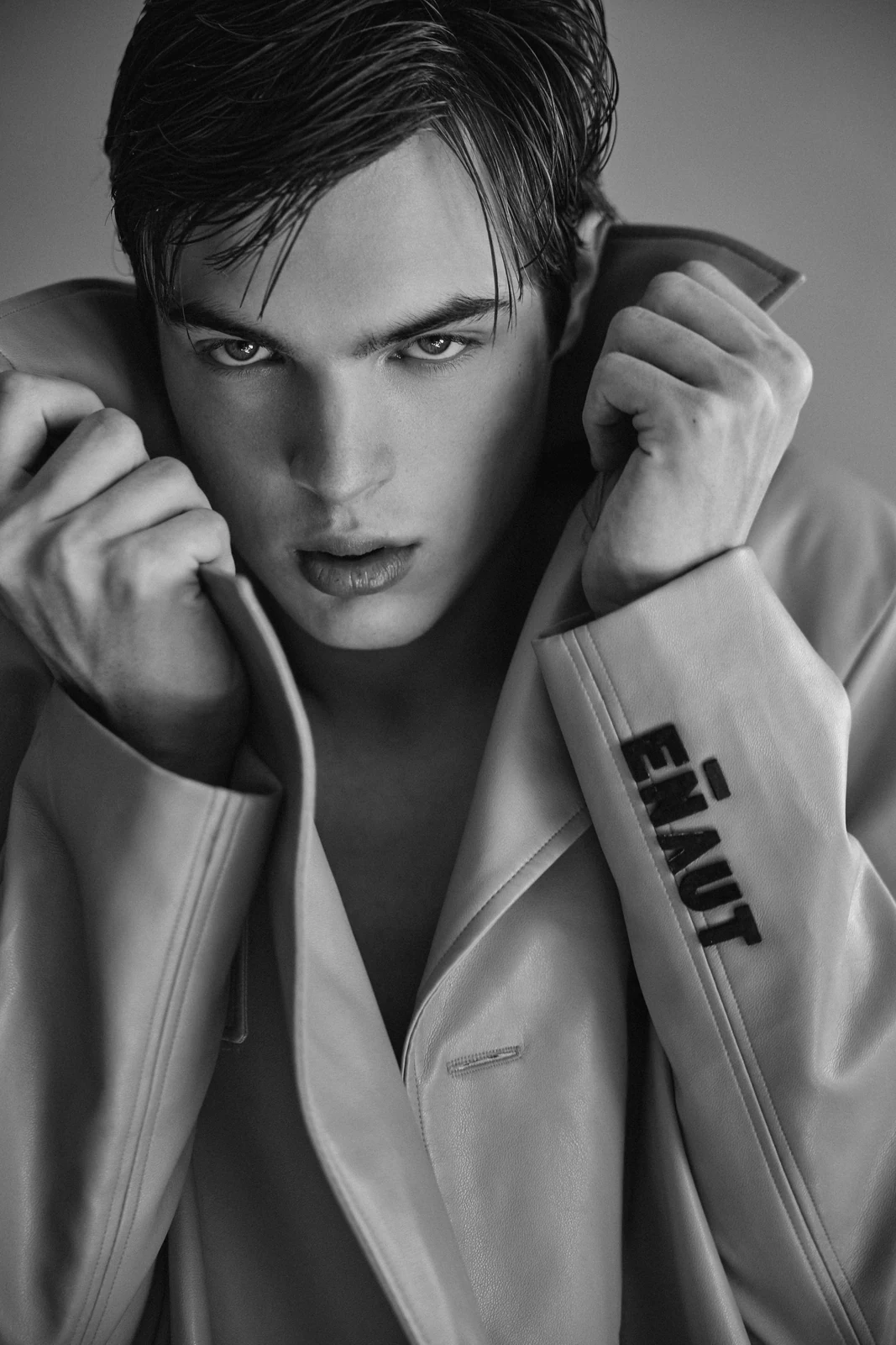 Black and white leather portrait for MMScene August 2026 — styling by Manel Guisado